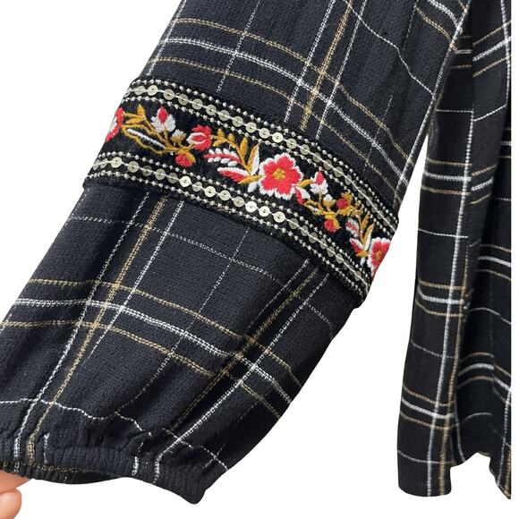 Style & Co Womens Floral Embroidered Velvet Trim Peasant Top Size XL Black Plaid - Picture 6 of 8